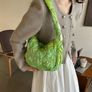 Neon green glossy quilted puffer hobo bag with metallic finish for women shoulder carry