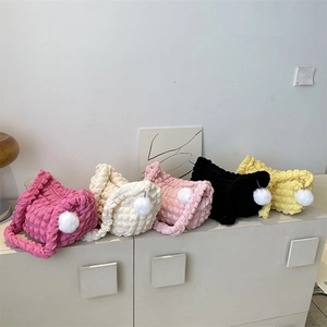 Colorful bubble textured shoulder bags with fur pompom charms in 5 various colors
