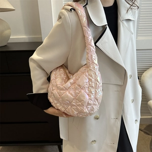 Quilted puffer hobo bag in metallic pink finish with elegant diamond stitching design