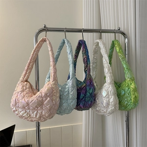 Quilted glossy cloud bags in five pastel colors with puff design and pleated shoulder straps