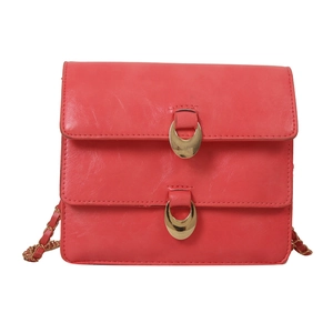 Retro red double-flap crossbody bag in textured PU leather with gold chain strap