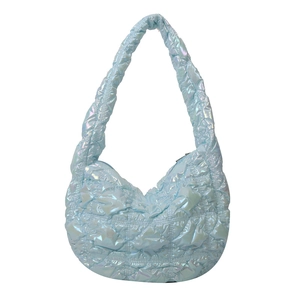Light blue quilted puffer bag with metallic finish and soft pleated texture shoulder strap