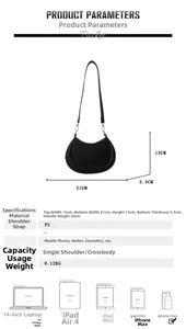 Detailed size specifications of the minimalist black crescent moon shoulder bag in PU