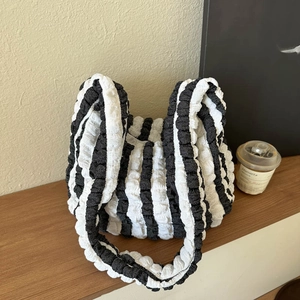 Women's Large Capacity Bubble Texture Striped Tote Bag Nylon Shoulder Bag With Cute Plush Charm For Daily Travel Casual