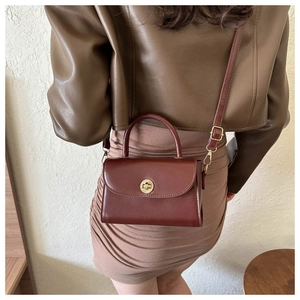 Fashionable retro dark brown crossbody bag with gold buckle styled with a brown outfit