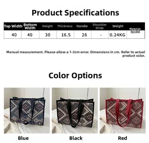 Detailed size chart and multi-color options for ethnic geometric canvas tote bags