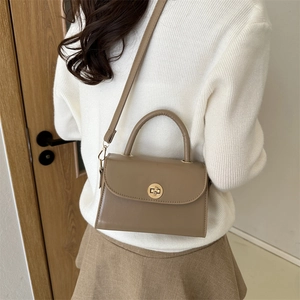 Retro khaki crossbody small square bag with golden twist lock and top handle for women