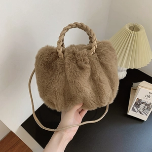 Women Stylish Faux Fur Cloud Bag Pleated Plush Crossbody Handbag With Braided Handle Simple Autumn Winter Small Square Shoulder Bag