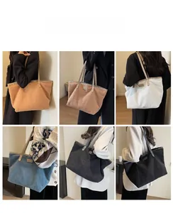 Detail showing plush tote bags in various colors with slim faux leather straps