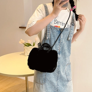 Fashionable black fluffy cloud crossbody bag with woven handle for autumn and winter outfits