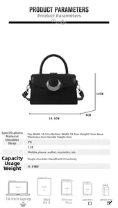 Detailed dimension chart showing size and cross-body strap length of the crescent black bag