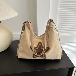 Grand Sac Cabas Vintage en Velours pour Femme avec Patchwork Étoile Sac à Épaule Rétro Décontracté Sac à Main Quotidien