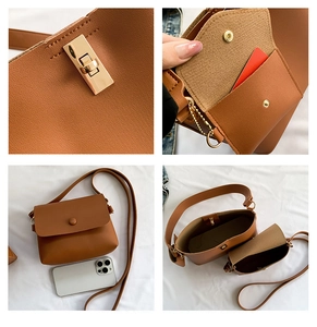 Brown leather crossbody bag detail showing interior card slot, lock, and size comparison