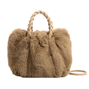 Brown faux fur cloud bag with a pleated design and braided handle for crossbody or hand carry
