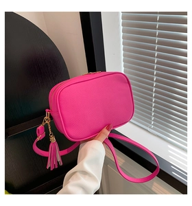 Detail of rose pink crossbody camera bag with litchi grain leather and tassel charm