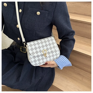 Detail showing grey plaid tweed texture and golden horseshoe lock on crossbody bag