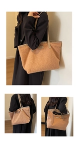 Three views of a caramel faux shearling tote bag with FASHION label worn with a black coat