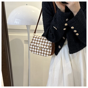 Detail of wool quilted crossbody bag with brown checkerboard pattern and gold buckle