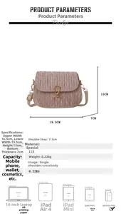 Detailed size specifications for pink pleated crossbody bag with capacity comparison