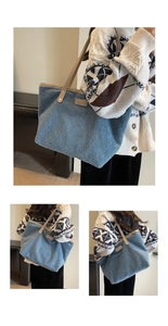 Detailed view of blue plush tote bag with brown leather strap and fashion label