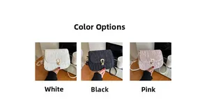 Detail showing various colors of pleated crossbody bag with stylish gold metal buckle