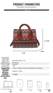 Detailed size guide for ethnic weave crossbody bag with exact dimensions and scale comparison