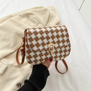 Houndstooth Woolen Tweed Small Square Bag For Women PU Leather Shoulder Crossbody Bag With Metal Lock Autumn Winter