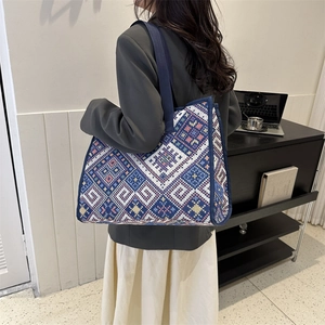 Ethnic style woven canvas tote bag with geometric patterns and large capacity for women