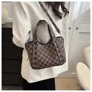 Classic checkered bucket bag in dark brown with gold hardware shown on a female model