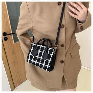 Fashionable black and white tweed plaid mini handbag styled with a camel suit