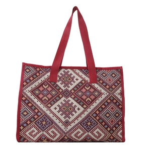 Ethnic geometric woven tote bag with red strap handles and vintage pattern design