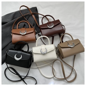 Detailed flat lay of rectangular leather bags in five colors with crescent metal buckles