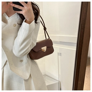 Brown vintage baguette bag with gold triangle lock and knotted strap shown in mirror selfie