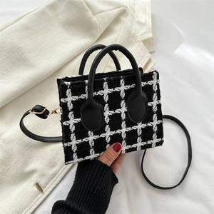 Elegant Plaid Tweed Shoulder Crossbody Bag For Women Fashion Retro Grid Small Square Handbag With PU Leather Handles