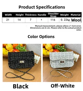 Detailed dimension guide for tweed crossbody bag with chain strap and measurements