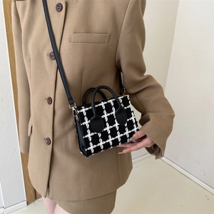 Classic black and white plaid tweed mini handbag with gold metal buckles and crossbody strap