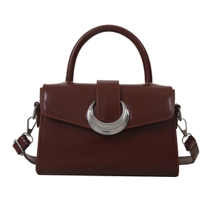 Retro minimalist square shoulder bag in dark brown with elegant crescent metal buckle
