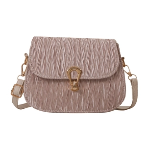 Champagne pink pleated crossbody bag with gold hardware and V-shaped texture