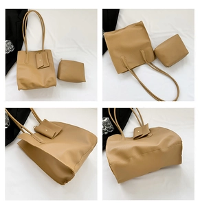 Detailed view of khaki pebbled leather tote bag set including mini pouch and inner clutch
