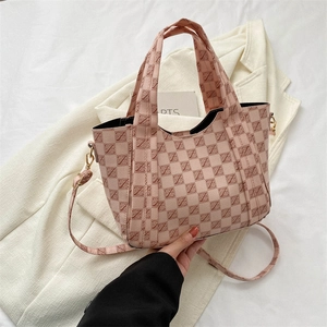 Vintage Checkerboard Bucket Bag For Women Large Capacity PU Leather Shoulder Crossbody Bag Retro Letter Print Tote Handbag
