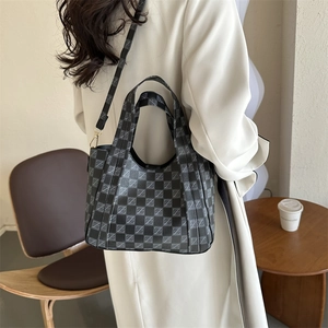 Retro plaid tote bag with letter print pattern and adjustable strap for women