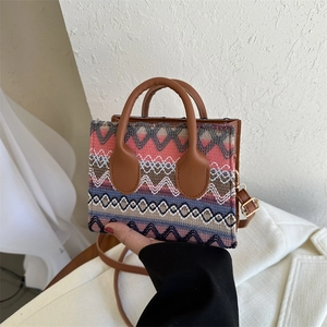Retro Ethnic Bohemian Woven Shoulder Bag For Women Small Square Crossbody Bag PU Leather Handle Daily Casual Handbag