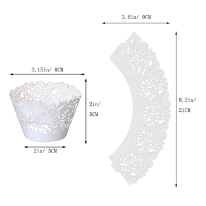 Detailed dimensions of white laser-cut cupcake wrappers with intricate lace patterns