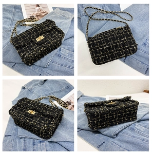 Detailed views of checkered tweed crossbody bag with chain strap and gold twist lock