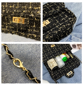 Detail view of tweed crossbody bag with golden clasp and chain strap showing capacity