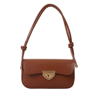 Vintage brown leather crossbody bag with triangular gold buckle and knotted strap detail