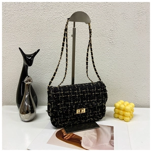 Detail of tweed crossbody bag featuring gold chain strap and metallic twist lock closure