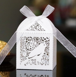 Macro view of white laser-cut bird gift box with elegant organza ribbon and bow