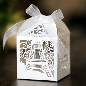 Eiffel Tower Laser Cut Candy Boxes Pearlescent Paper Wedding Favor Gift Box With Ribbon For Party Celebration Decoration