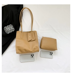 Three-piece khaki tote bag set with pebble texture including pouch and coin purse